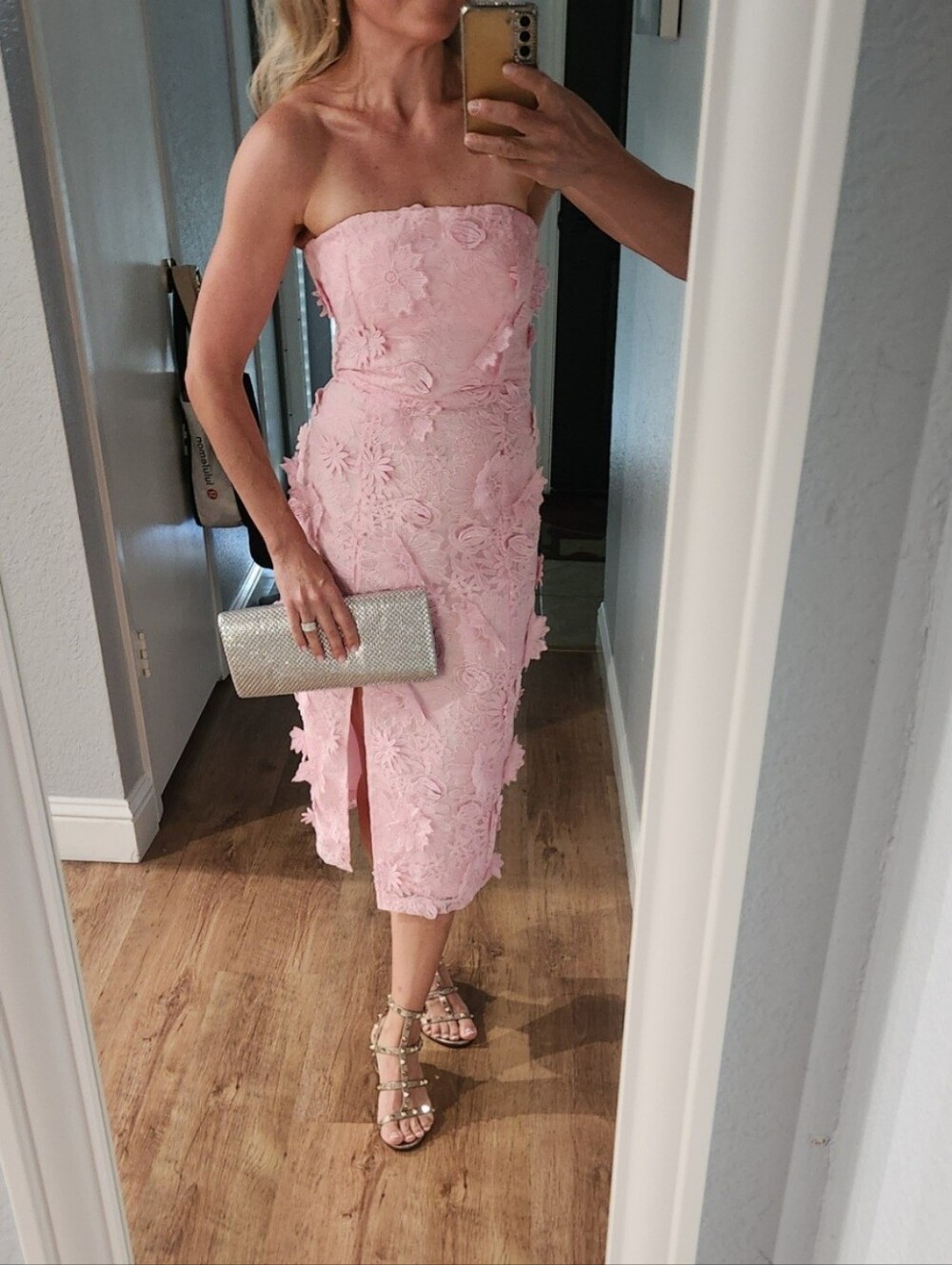 NWT Lulu's Strapless Pink Lace Appliqué Midi Dress Size S